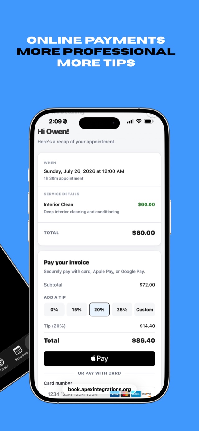Online payments: customers pay by card, Apple Pay, or Google Pay and can add a tip